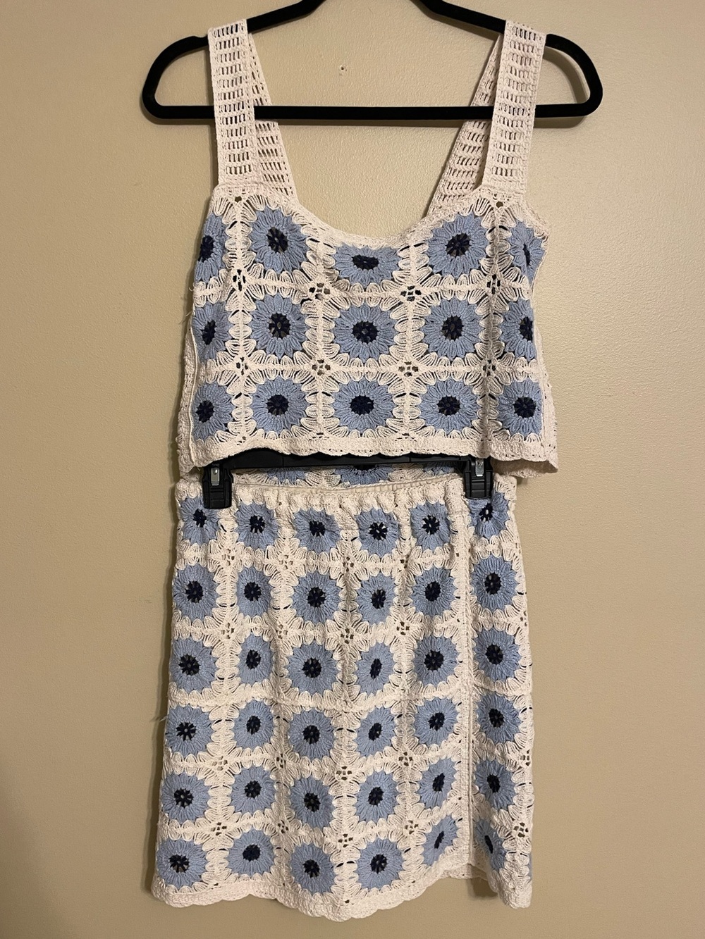 Rebellion Again crochet set blue floral tank skirt cotton size medium